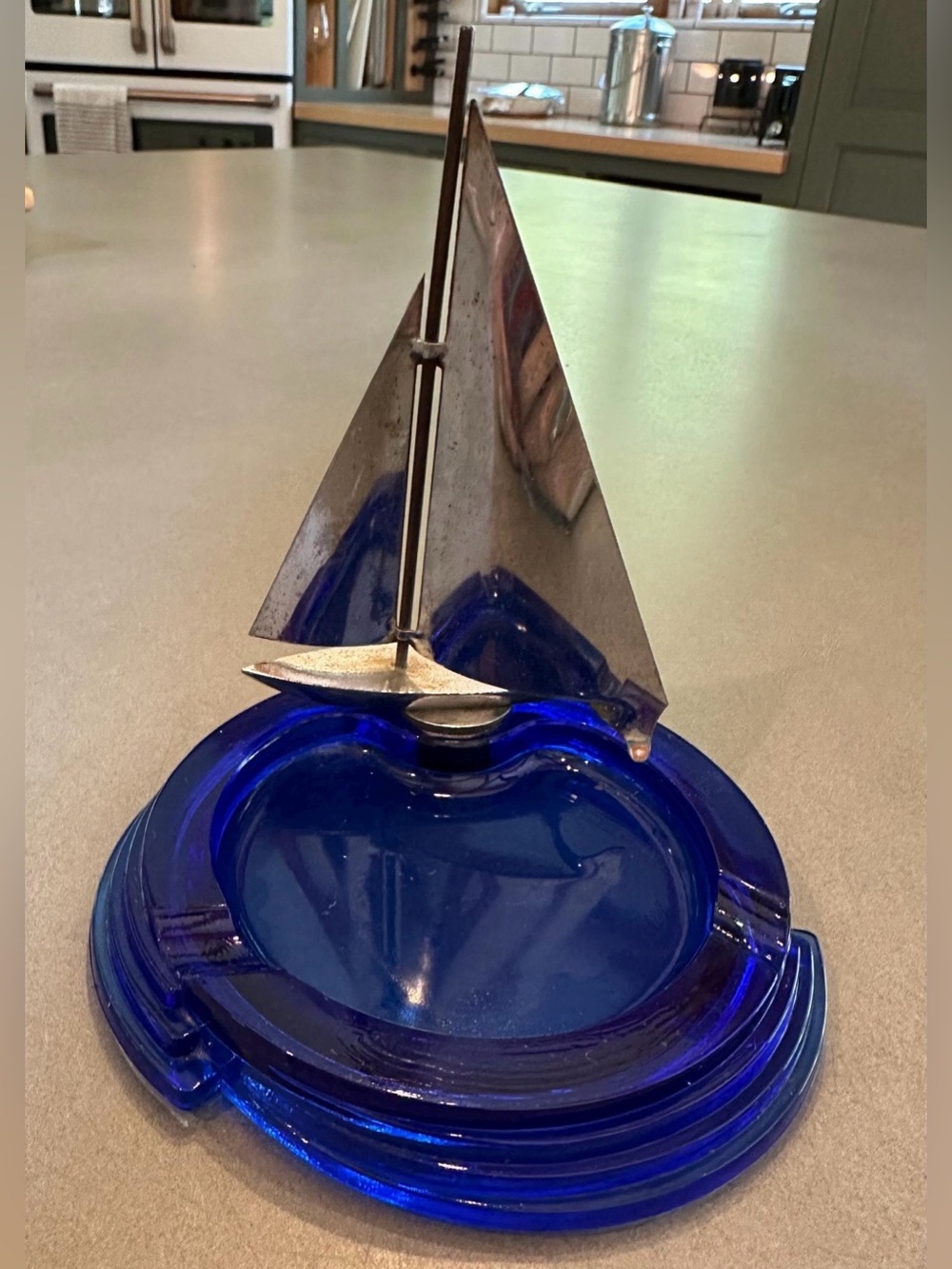 Art Deco Hazel Atlas Cobalt Blue Glass Ashtray w/ Chrome Sailboat